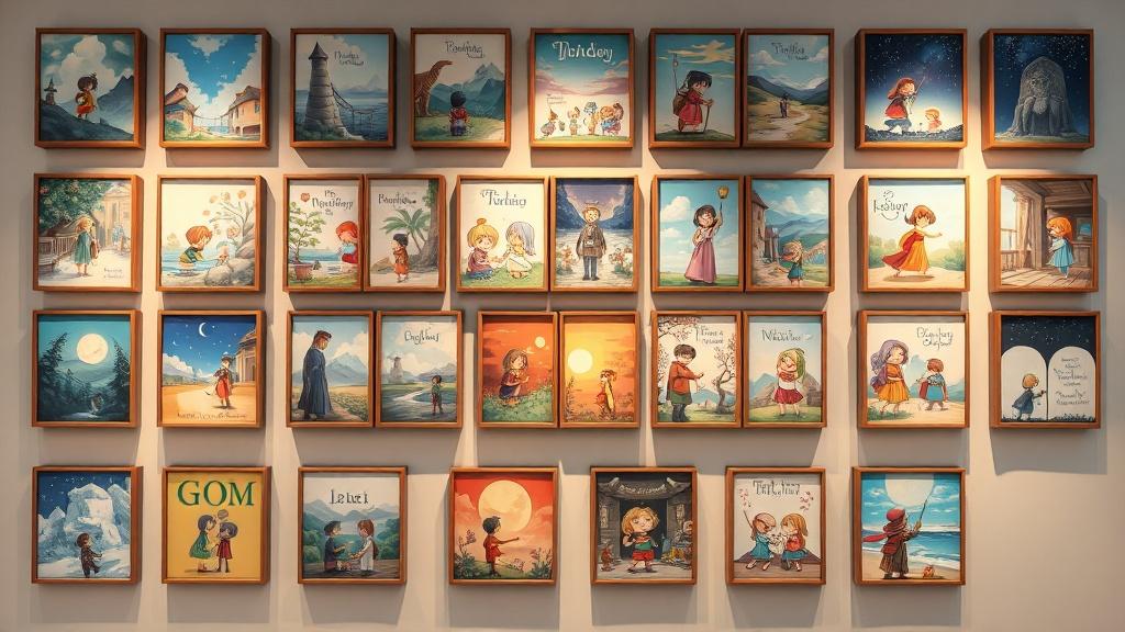 Gallery of illustrated storybooks in watercolor, anime, cartoon, and cinematic styles