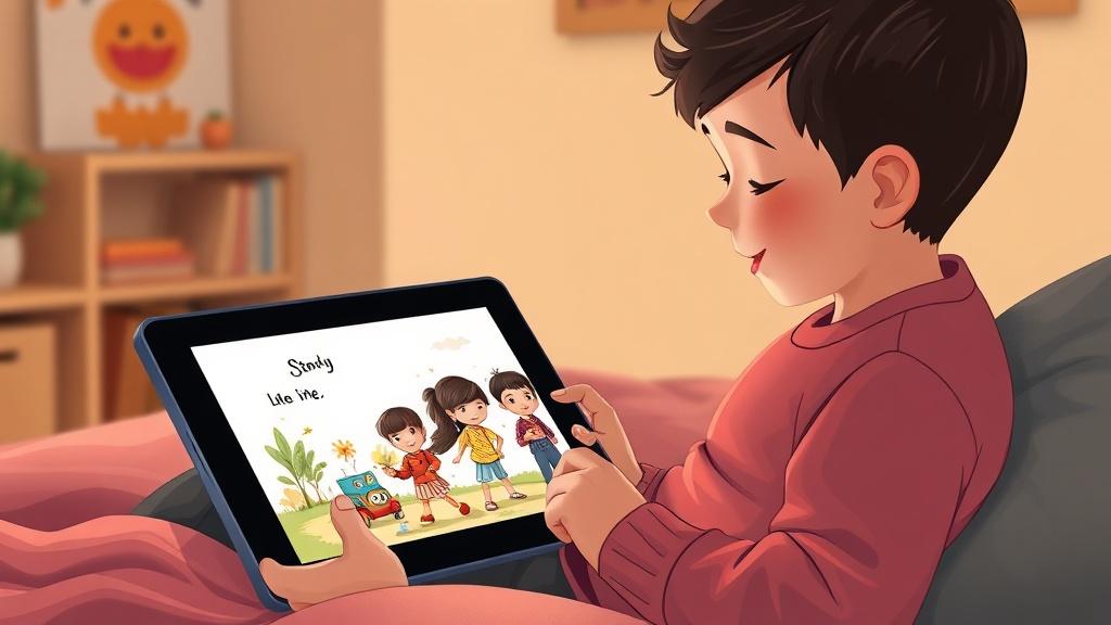 Child reading a personalized illustrated story with characters that look like them