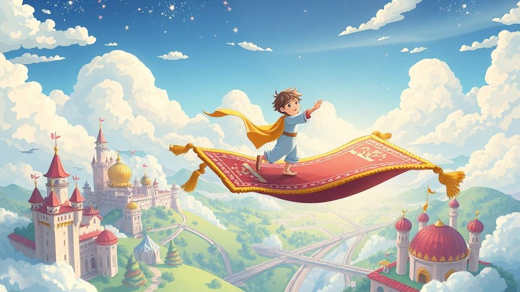 A custom illustrated book showing a child flying on a magical carpet