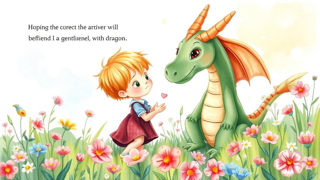A personalized storybook page of a child befriending a gentle dragon