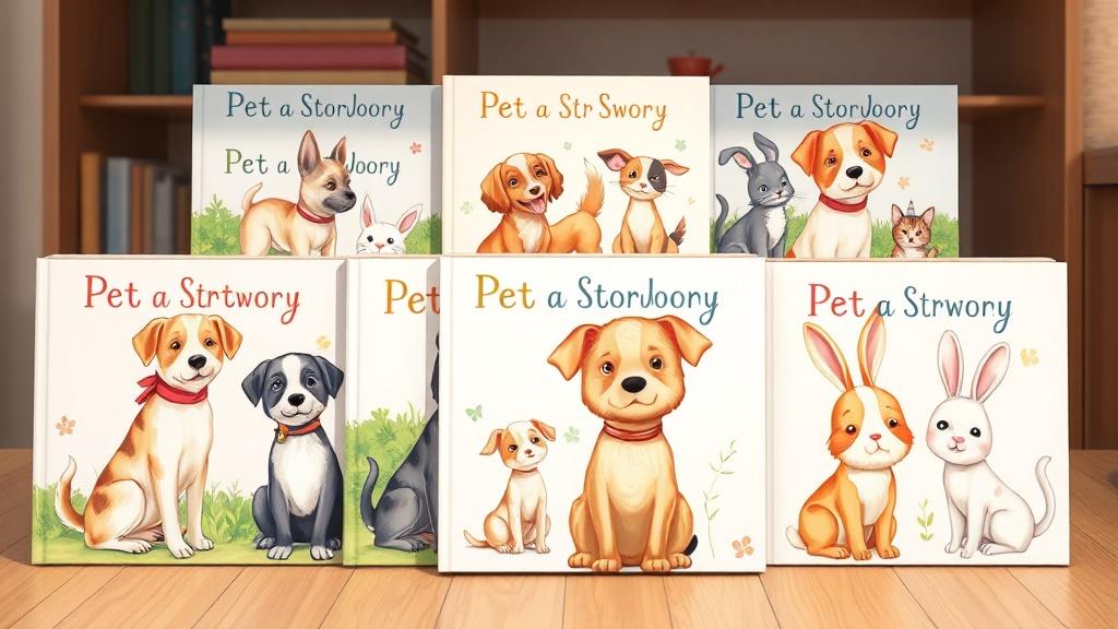 A collection of illustrated pet storybooks showing dogs cats and rabbits as characters