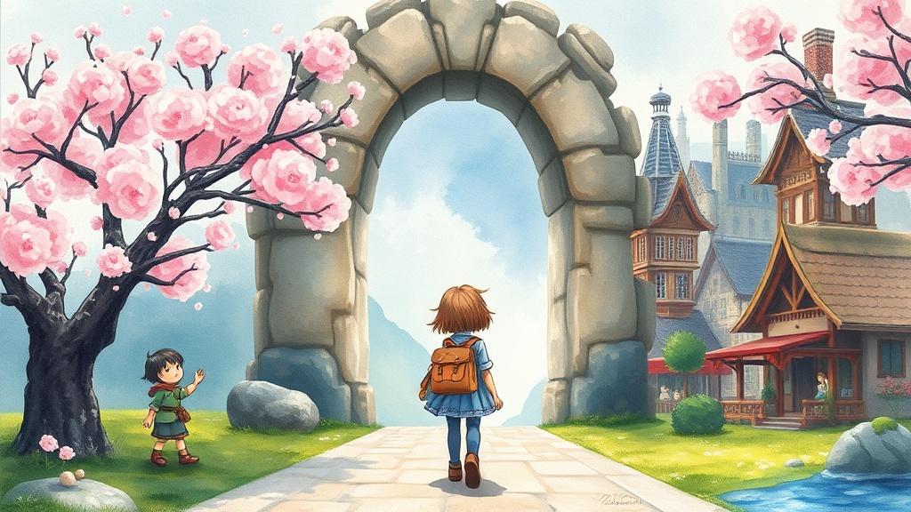 A young explorer walking through a magical portal between cherry blossom trees and an English village