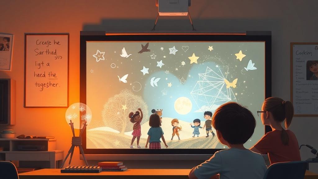 A teacher and students collaboratively creating a story on a smartboard with illustrated characters