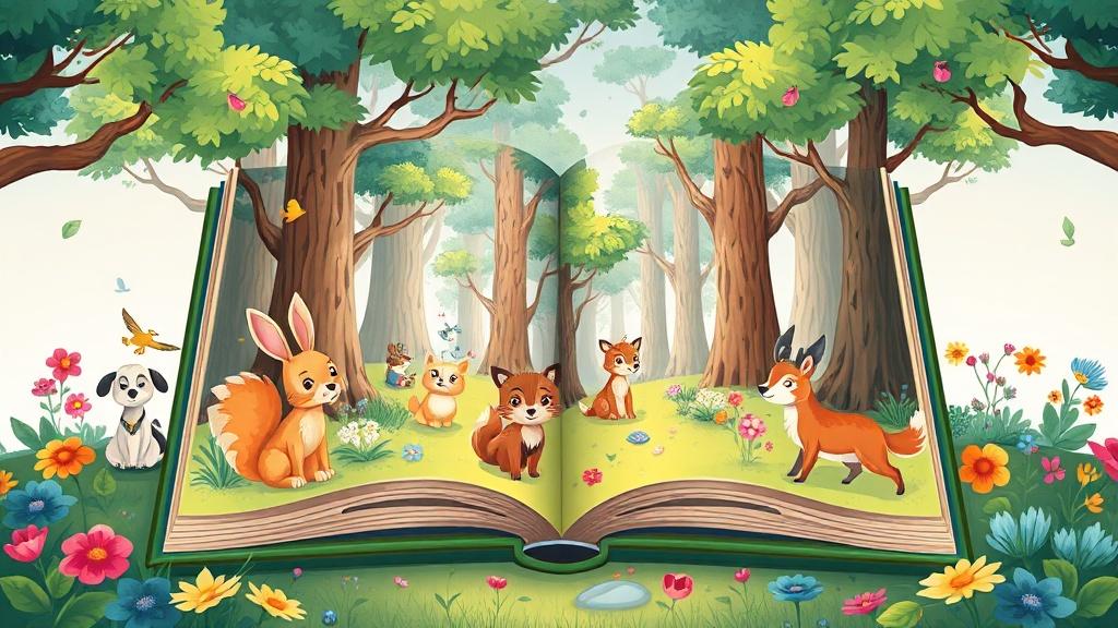 A children's picture book open to a spread showing a magical forest with cute woodland animals