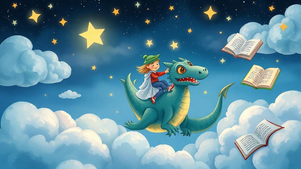 Child riding a friendly dragon through starlit clouds in a bedtime adventure