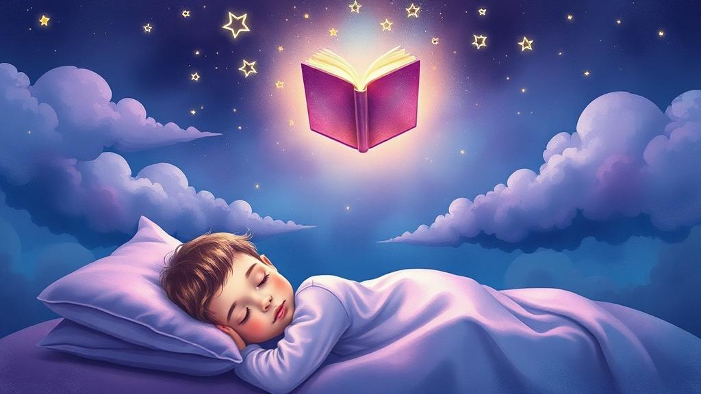 Magical nighttime bedtime scene with a glowing storybook and dreamy atmosphere