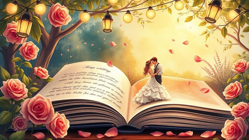 A couple dancing under fairy lights in a garden, romantic watercolor wedding storybook illustration