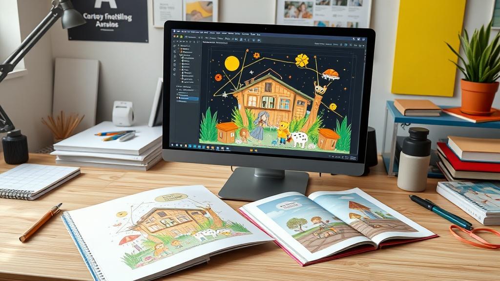 A creative workspace showing a children's book being designed on screen alongside a printed proof copy