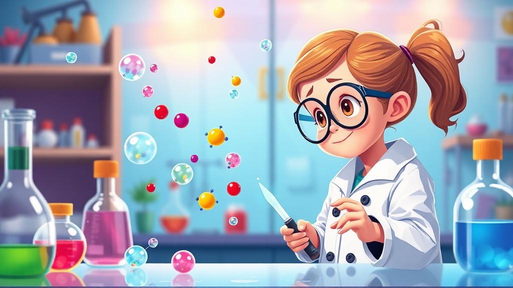 A young scientist discovering molecules and atoms in a colorful laboratory, children book illustration