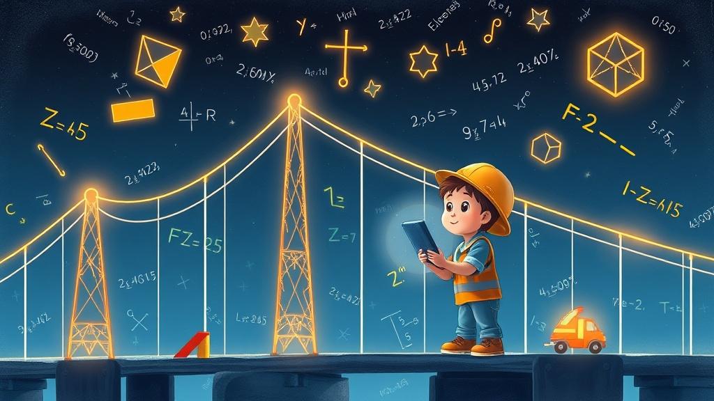 A child engineer building a bridge with mathematical equations and geometric shapes glowing around the structure