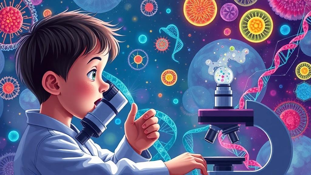 A young scientist looking through a microscope at a magical world of cells and DNA strands