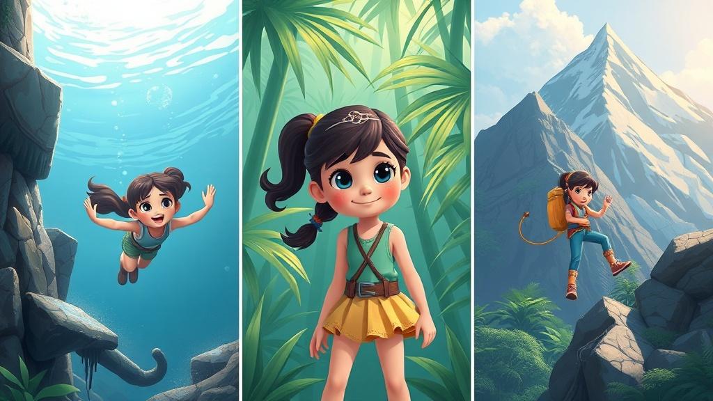 A young girl hero character appearing in three different story scenes side by side