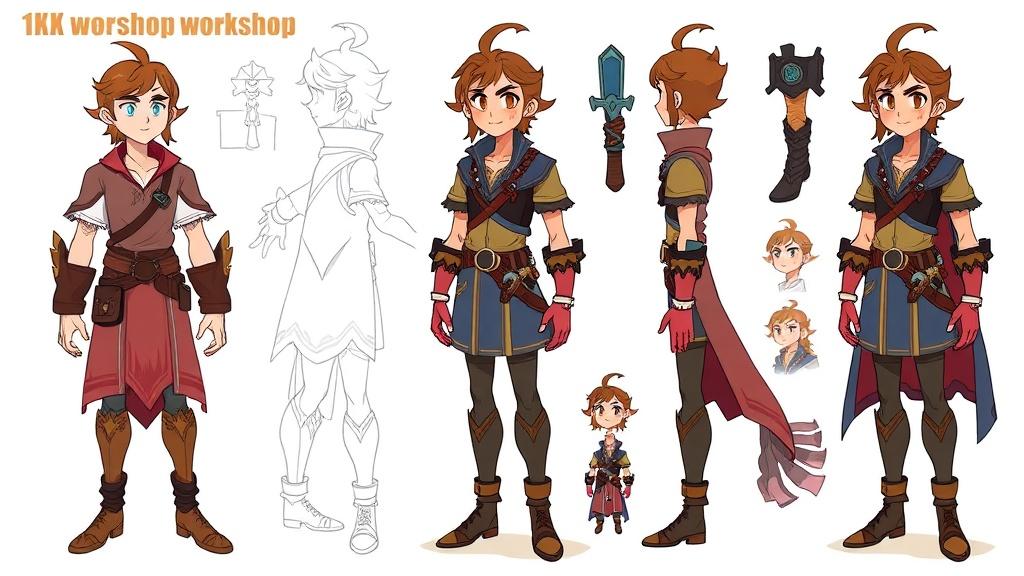 A character creation workshop showing a fantasy hero being designed with different outfits and expressions