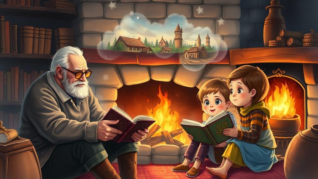 A grandfather telling stories to wide-eyed grandchildren around a fireplace with illustrated scenes floating above
