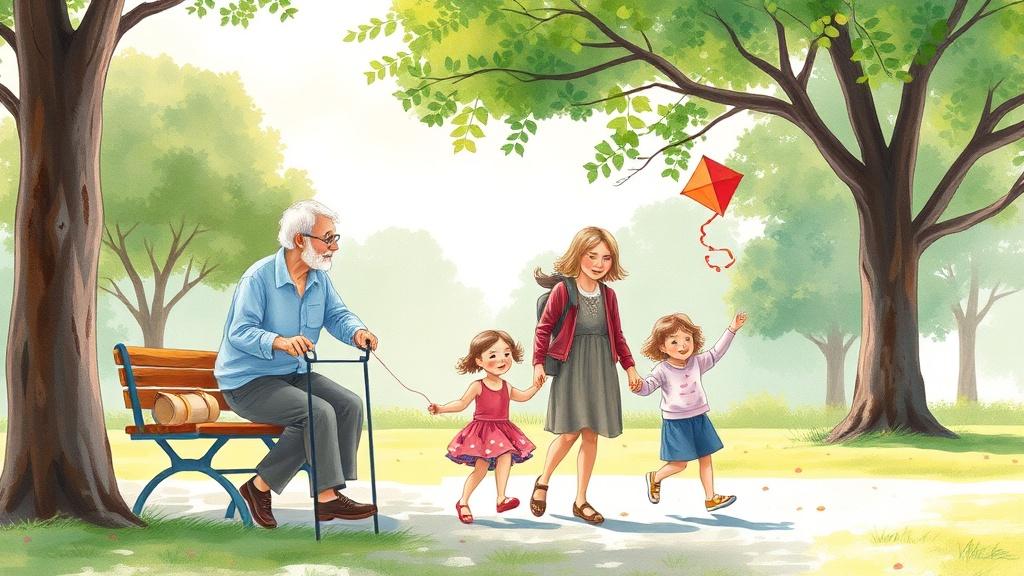 Grandparents at the park with grandchildren pushing swings and flying kites in sunny watercolor
