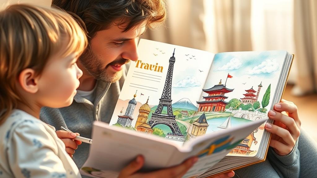 A family looking at a beautifully illustrated travel journal storybook showing world landmarks