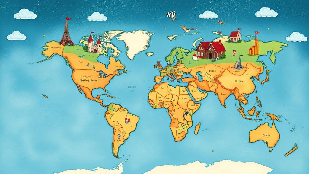 An illustrated world map with small storybook scenes floating above different countries