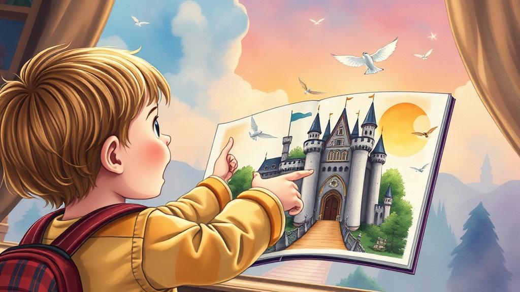 A child pointing excitedly at an illustrated page showing their family adventure at a castle