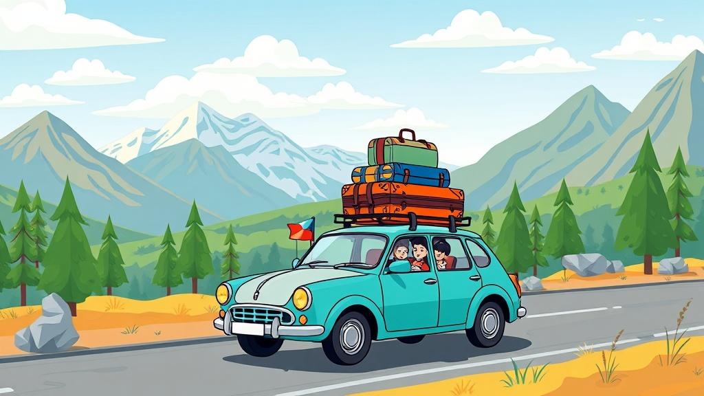 A family road trip scene illustrated in a picture book style with colorful car and scenic mountains