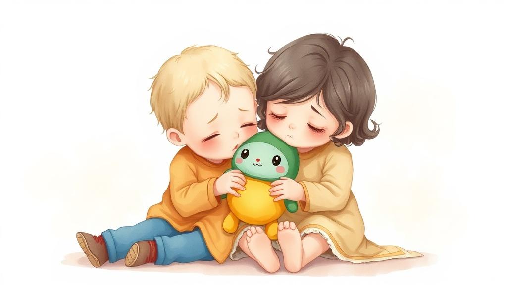 Two children sharing and comforting each other in a warm illustrated scene