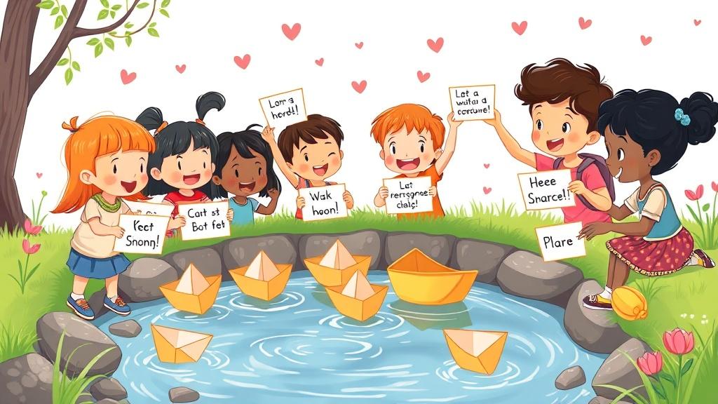 Children releasing paper boats with positive messages showing kindness ripple effect