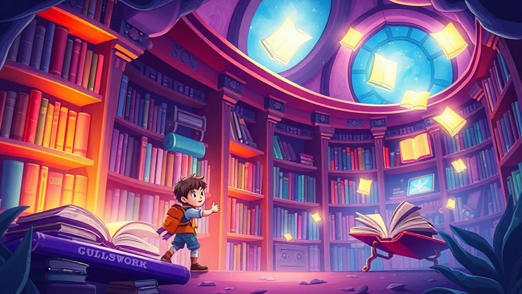 Illustrated children book page with a brave young explorer discovering a magical library