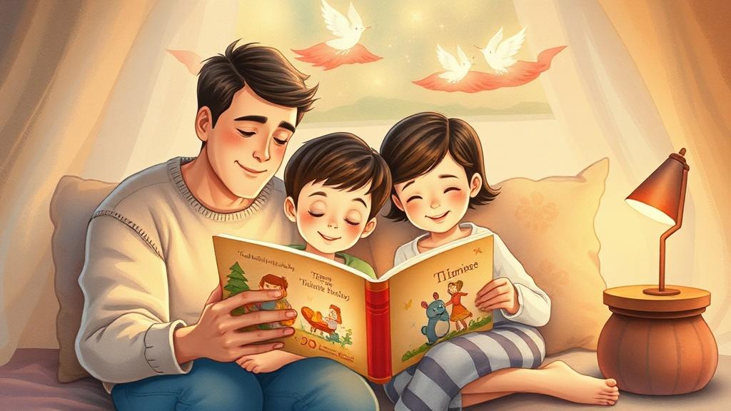 Parent and children reading a beautifully illustrated picture book together with magical characters appearing