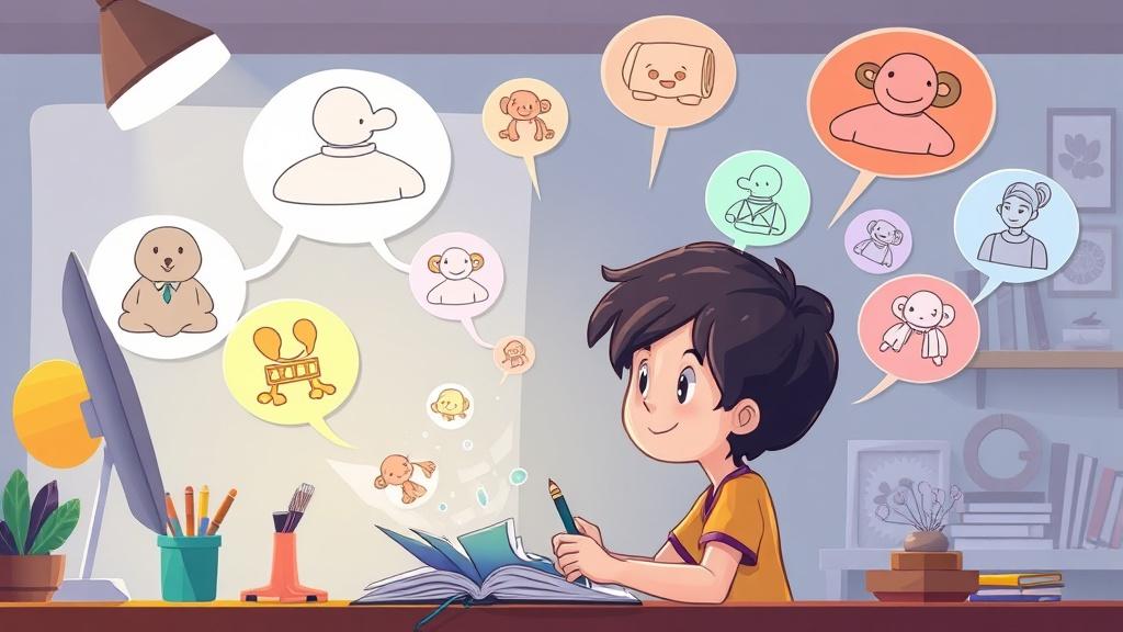 Young artist creating a picture book with AI showing multiple art style options floating around