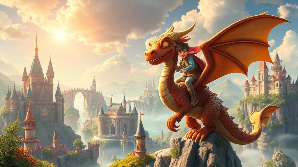 Breathtaking illustrated storybook spread of a young explorer riding a dragon over a magical kingdom