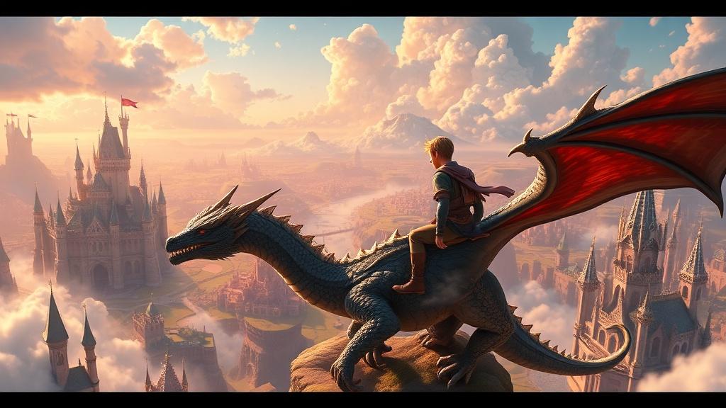 Young hero riding a dragon over an enchanted kingdom with castles and floating islands