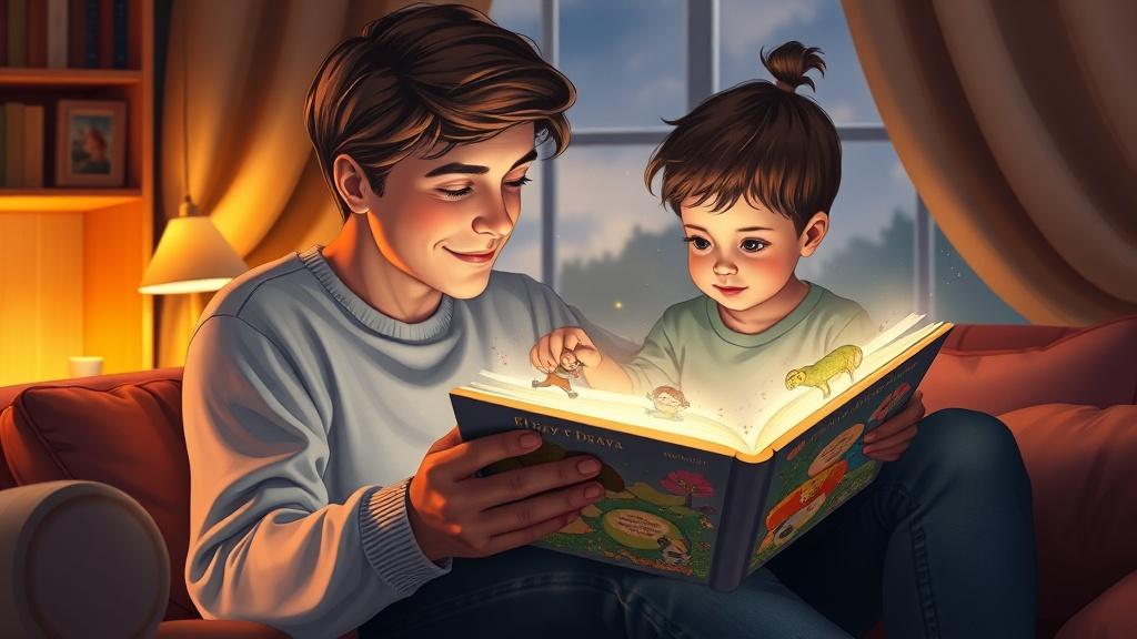 Parent and child reading a beautifully illustrated picture book together with magical characters appearing