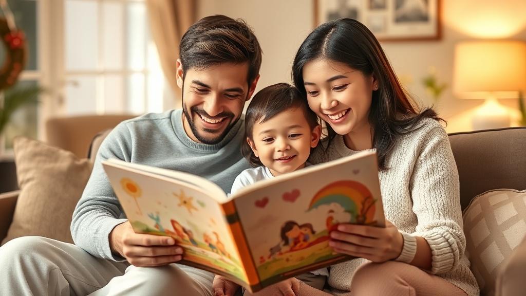 Happy family reading a professionally illustrated AI-generated storybook together