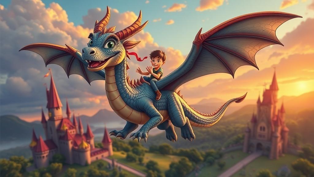 A majestic friendly dragon flying over a magical kingdom with a child riding on its back