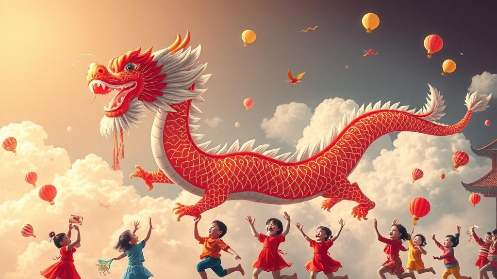A Chinese dragon dancing through clouds with children celebrating