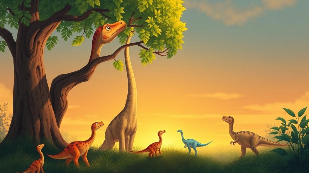 A baby brachiosaurus reaching up to eat leaves from the tallest tree while smaller dinosaurs watch
