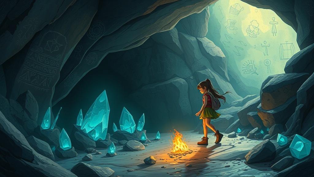 A velociraptor and a young cave girl exploring a mysterious cave filled with glowing crystals