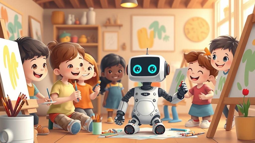A small robot learning to paint with a group of happy children in an art studio