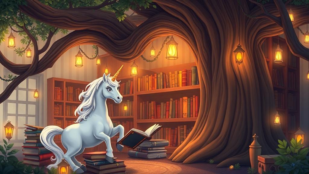 Storybook style unicorn story illustration