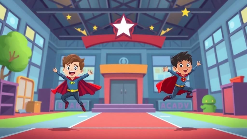 A superhero training academy with kids practicing flying and using superpowers