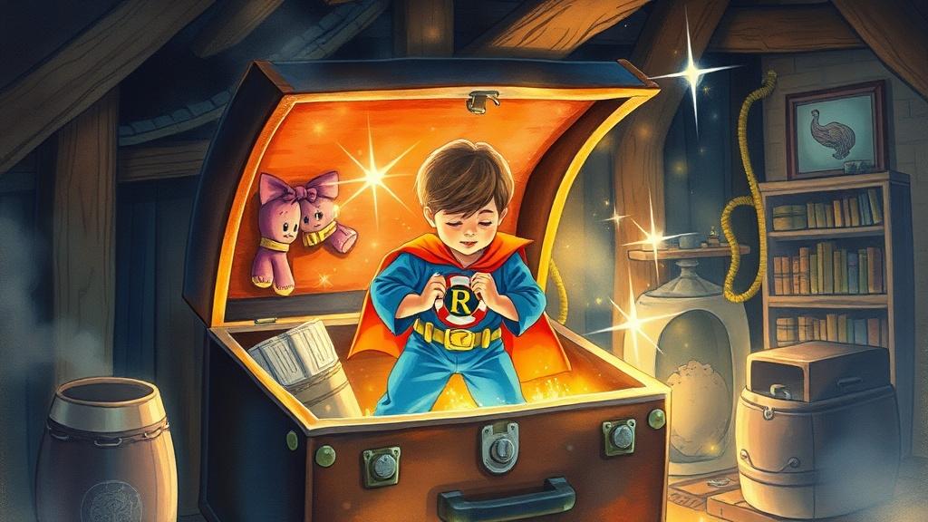 A child discovering a superhero costume in a mysterious trunk in the attic with magical sparkles