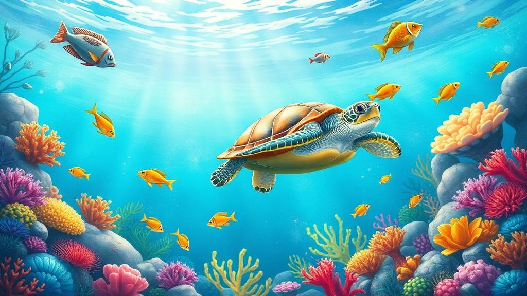 A magical underwater kingdom with colorful coral reefs, tropical fish, and a friendly sea turtle guiding children through an ocean adventure