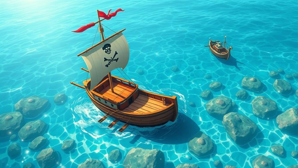 An illustrated picture book showing a pirate ship sailing over crystal clear ocean with sea creatures visible below