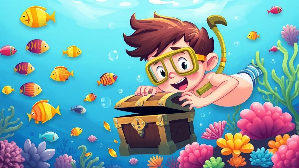 A child snorkeling in a tropical ocean discovering a hidden treasure chest surrounded by colorful fish and coral