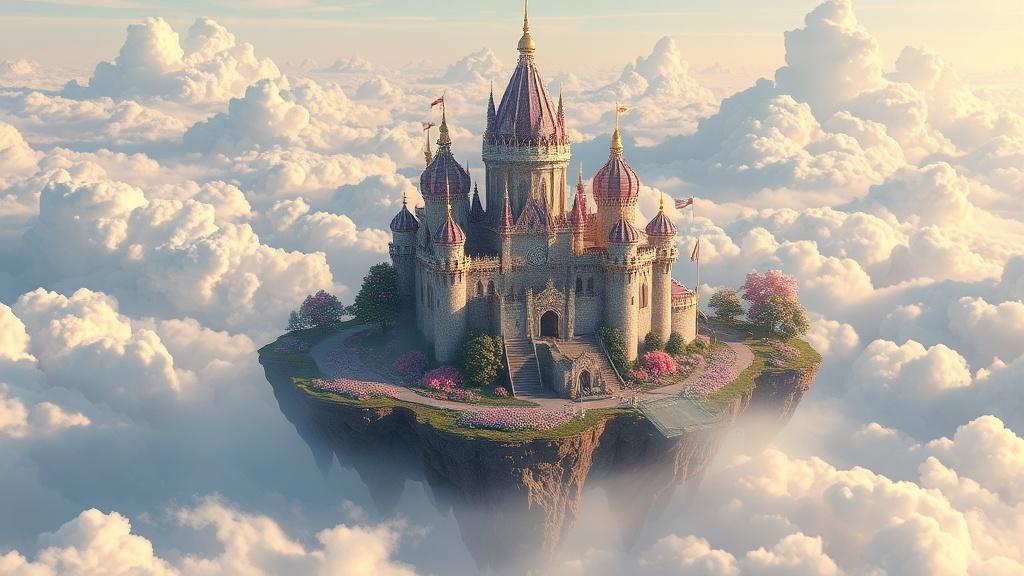 Fantasy style fairy castle on a floating island illustration