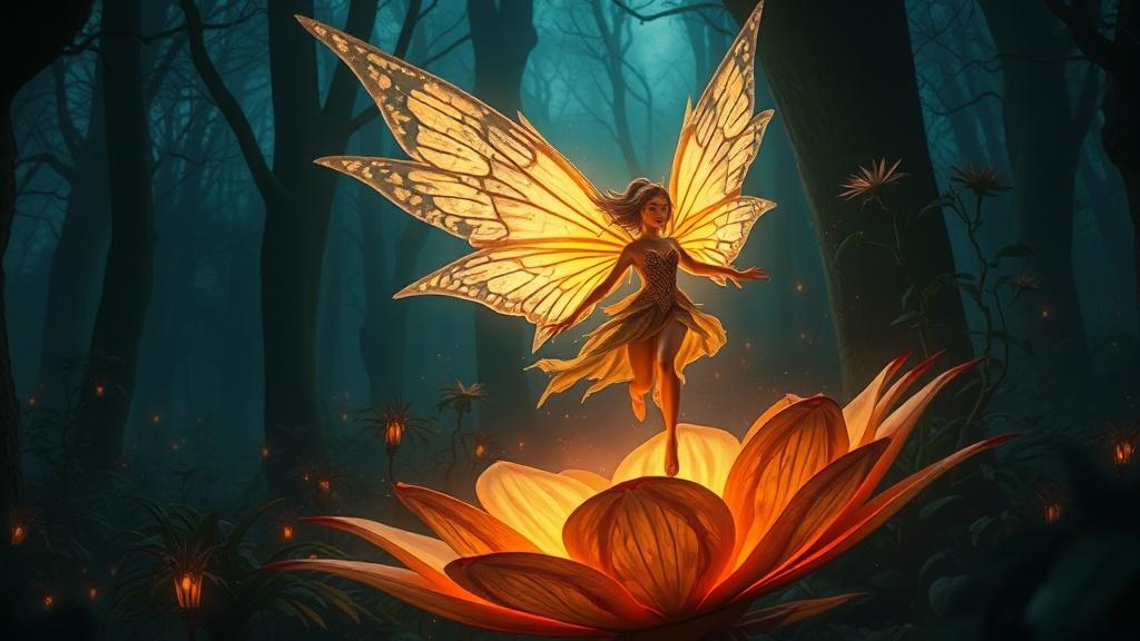 Cinematic style fairy emerging from a glowing flower illustration