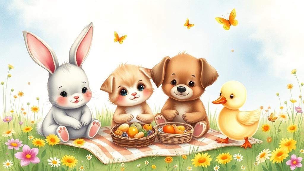 A group of adorable baby animals — a bunny, kitten, puppy, and duckling — having a picnic in a sunny meadow with wildflowers and butterflies