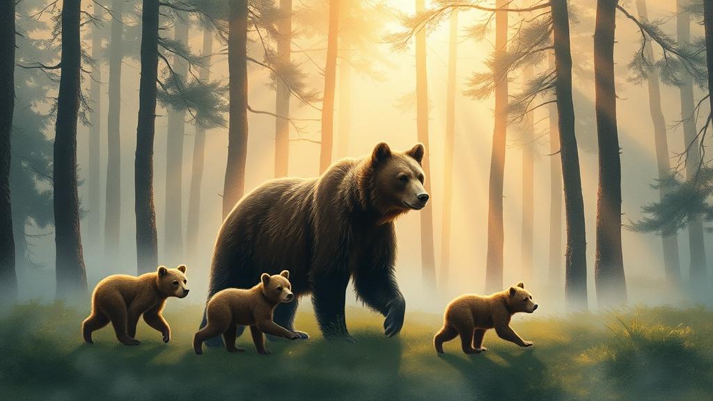 Watercolor style mother bear and cubs in a misty forest illustration