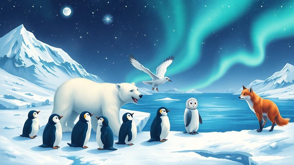 A winter scene with arctic animals — polar bear cubs, penguins, a snowy owl, and an arctic fox — playing under the northern lights