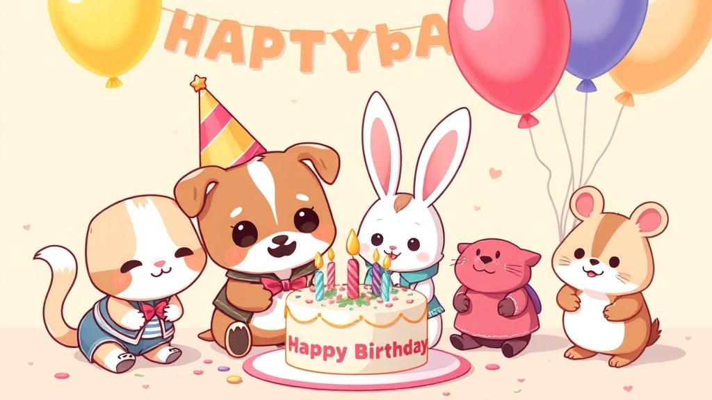 Anime chibi animal characters having a birthday party illustration