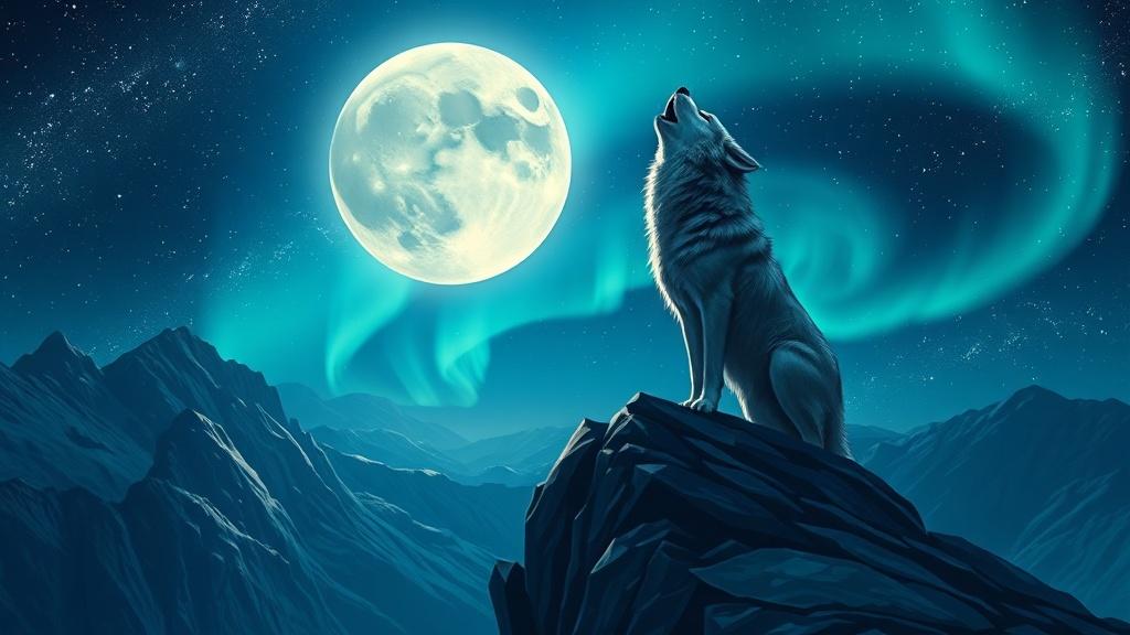 Cinematic style majestic wolf howling on a moonlit cliff illustration